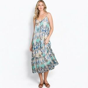 NWT Sleeveless Boho Ruffle Printed Woven Blue Green Cami Maxi Dress